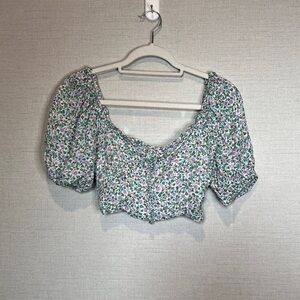 Lulus NWOT Ivory Floral Print Puff  Sleeve Crop Top Blouse‎ Women’s Size Small